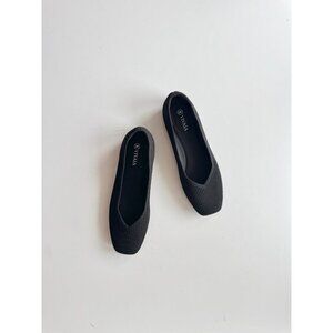 VIVAIA Margot Black Elastic Knit V-Cut Square Toe Ballet Flats, Size 37.5